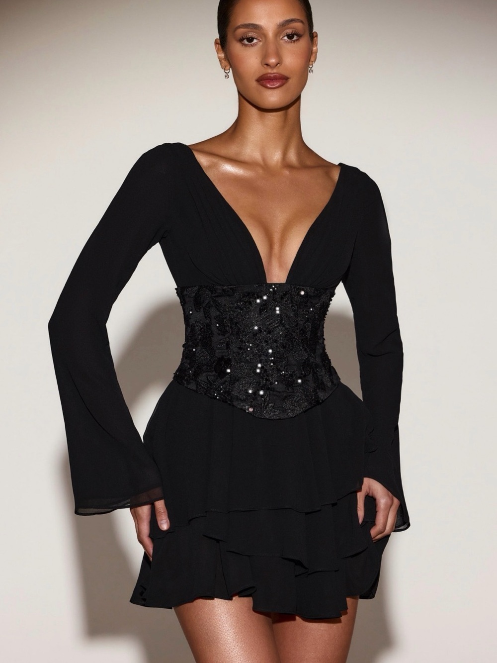 Oh Polly Black Plunge Corset-Waist Tiered Mini Dress